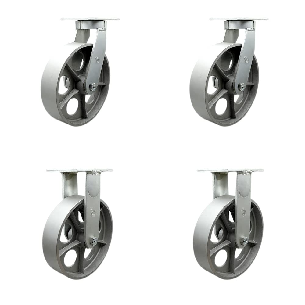 Extra Heavy Duty Kingpinless 10” x 3” Semi Steel Cast Iron Swivel Caster Set for Cranes, Gantries, Hoists, and Winches-2 Swivel and 2 Rigid Casters-2,500 lbs Per Caster-Set of 4 - Service Caster Brand