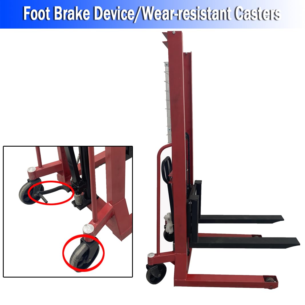 EQCOTWEA Manual Hydraulic Pallet Truck 4400 LBS(2 Ton) Manual Hydraulic Stacker 63" Lift Height Adjustable Forks Hand Pallet Truck for Single Sided Pallets to Lifting, Hoisting and Material Handling