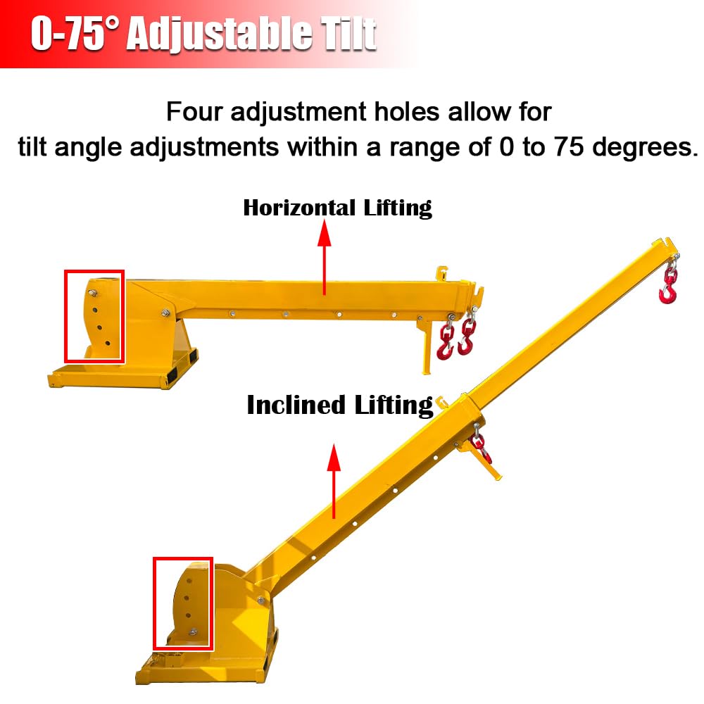 EQCOTWEA 3-Ton Forklift Jib Boom Crane Attachment, Adjustable 0-75° Tilt Angle Forklift Telescopic Arm, 7-12ft Telescopic Arm, 2 Hooks, Compatible with Forklifts & Material Handling Equipment