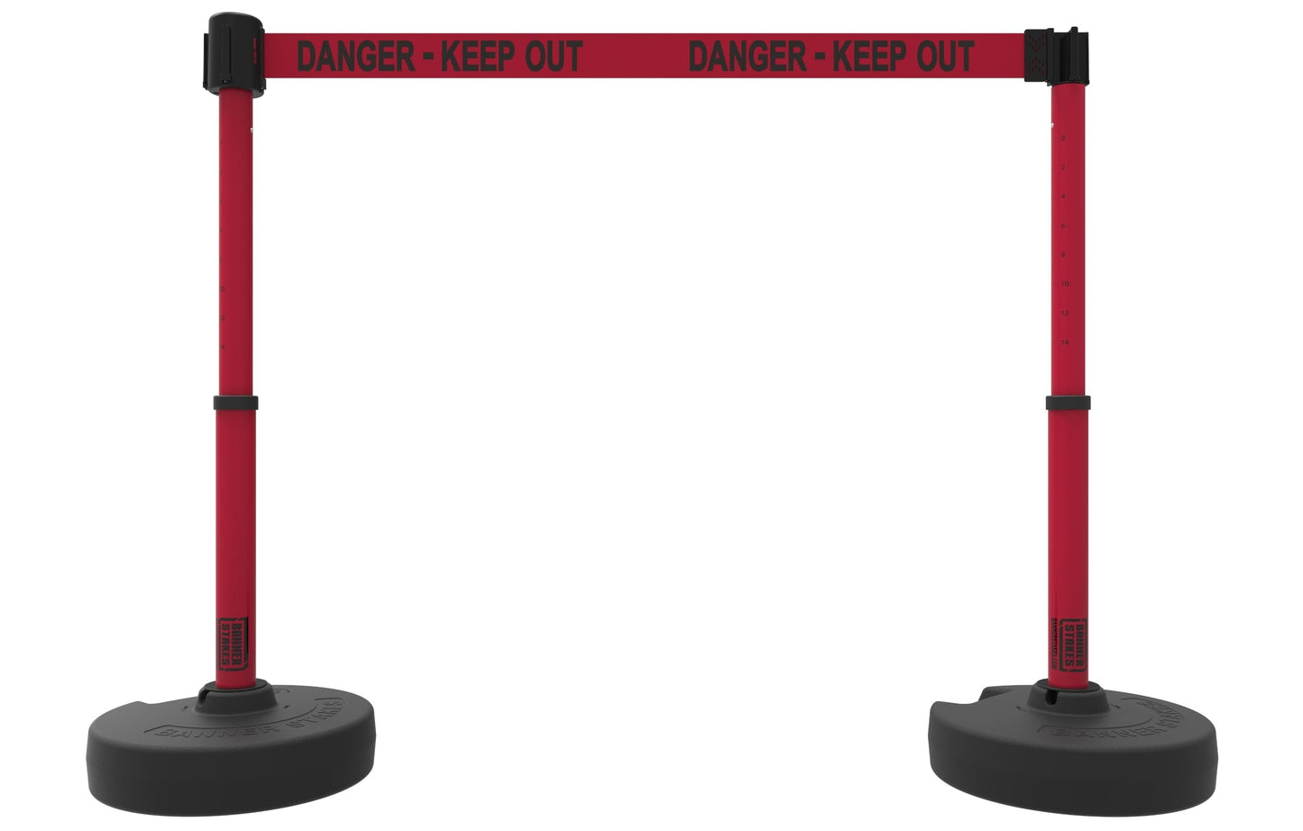 Banner Stakes Crowd Control Plus Cart Package & Accessory Tray, 75' Total Retractable Belt Barrier System - 5 Telescoping Stanchions w/ 15' Red "Danger - Keep Out" Banners (PL4011T)