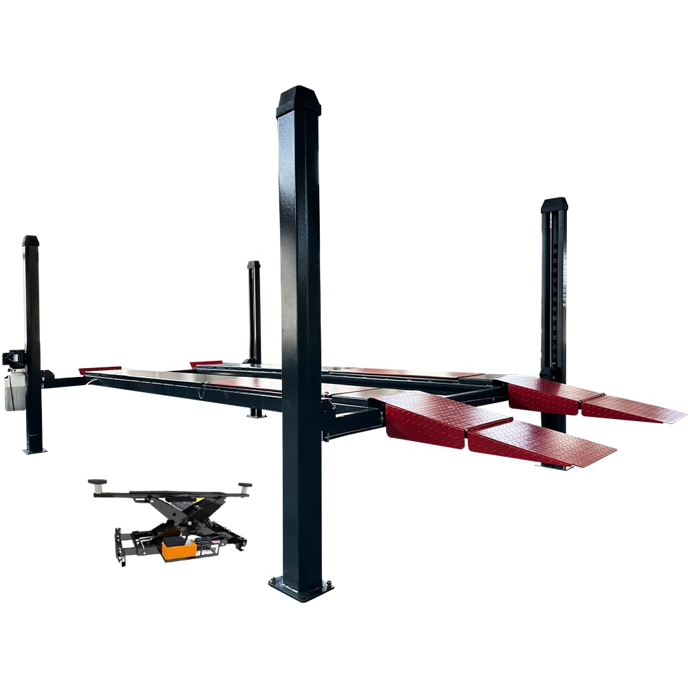 KT-4H120PX 12,000 Lbs 220V 4 Post Lift Alignment Commercial with 7000Lbs Rolling Jack Heavy Duty Four Post Car Lift，86.9" Lift Height 79" Drive-Thru Height Pneumatic Unlocking Fit for Repair Shop