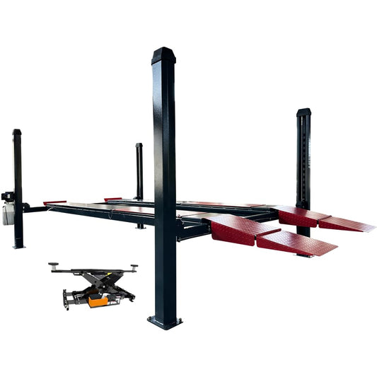 KT-4H120PX 12,000 Lbs 220V 4 Post Lift Alignment Commercial with 7000Lbs Rolling Jack Heavy Duty Four Post Car Lift，86.9" Lift Height 79" Drive-Thru Height Pneumatic Unlocking Fit for Repair Shop