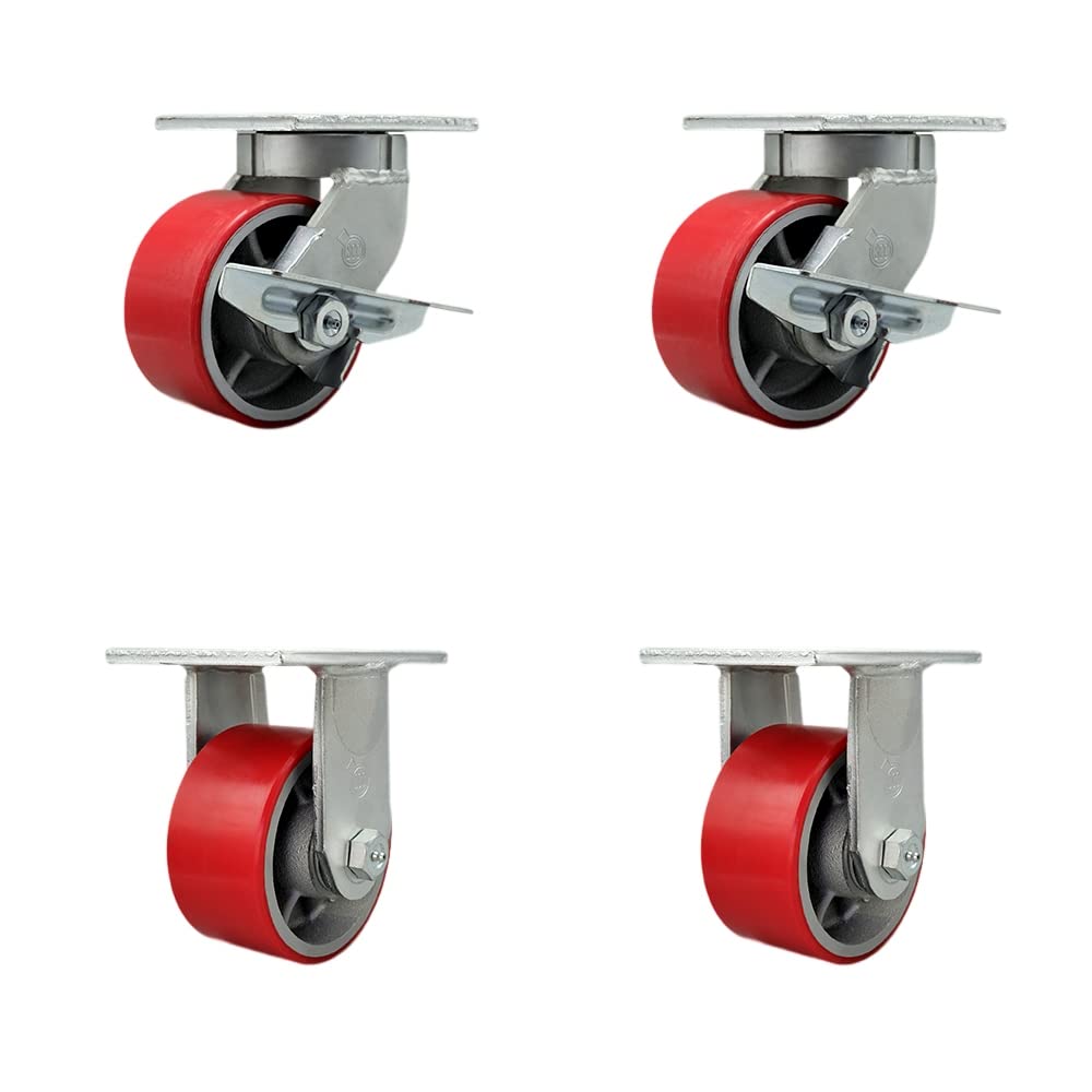 Extra Heavy Duty 6”x3” Red Poly on Cast Iron Swivel Caster Set for Cranes, Gantries, Hoists, and Winches-2 Swivel with Side Lock Brakes and 2 Rigid-2,000lbs Per Caster-Set of 4-Service Caster Brand
