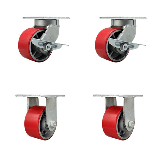 Extra Heavy Duty 6”x3” Red Poly on Cast Iron Swivel Caster Set for Cranes, Gantries, Hoists, and Winches-2 Swivel with Side Lock Brakes and 2 Rigid-2,000lbs Per Caster-Set of 4-Service Caster Brand