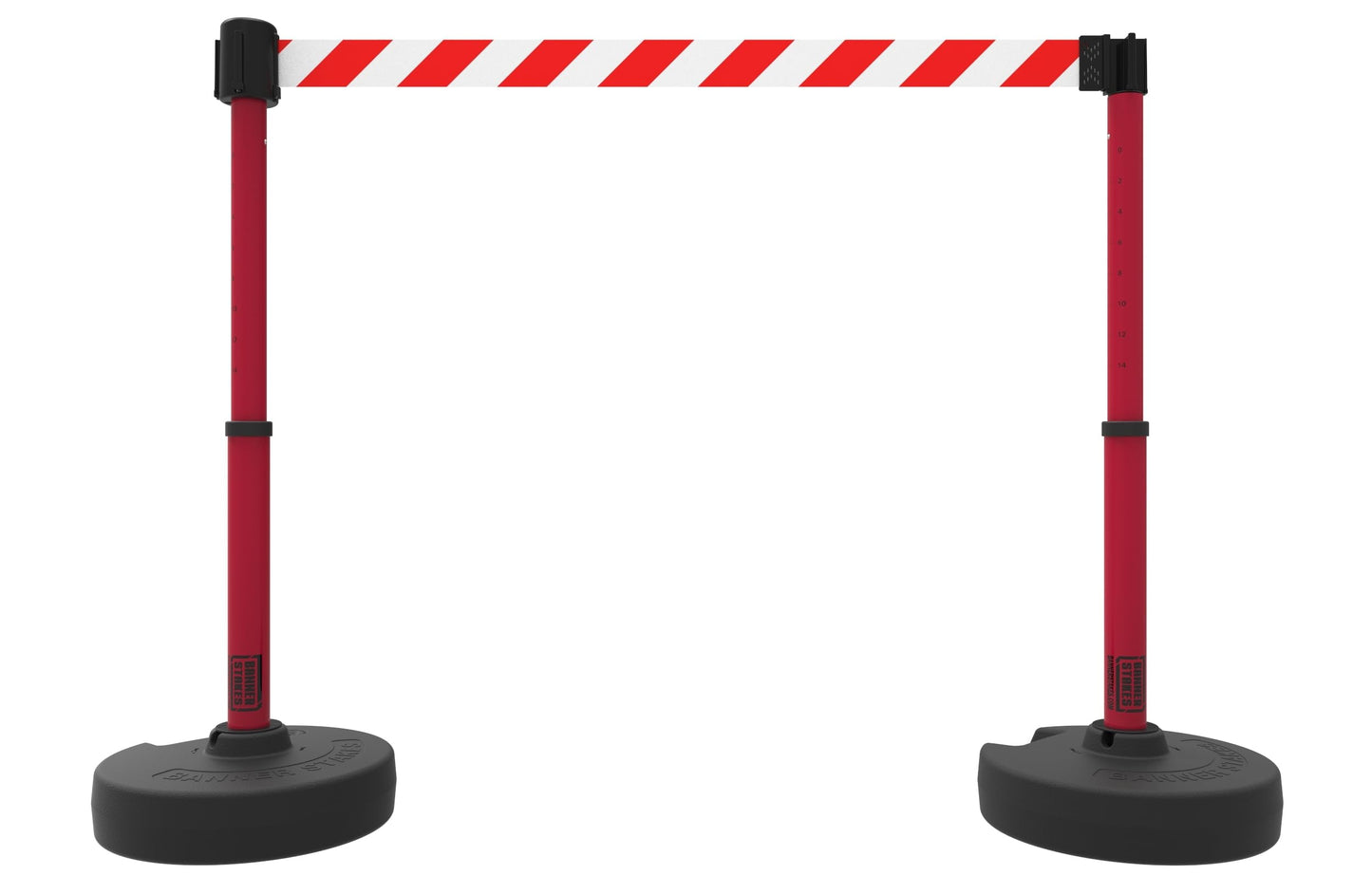 Banner Stakes Crowd Control Plus Cart Package & Accessory Tray, 75' Total Retractable Belt Barrier System - 5 Telescoping Stanchions w/ 15' Red/White Diagonal Stripe Banners (PL4014T)