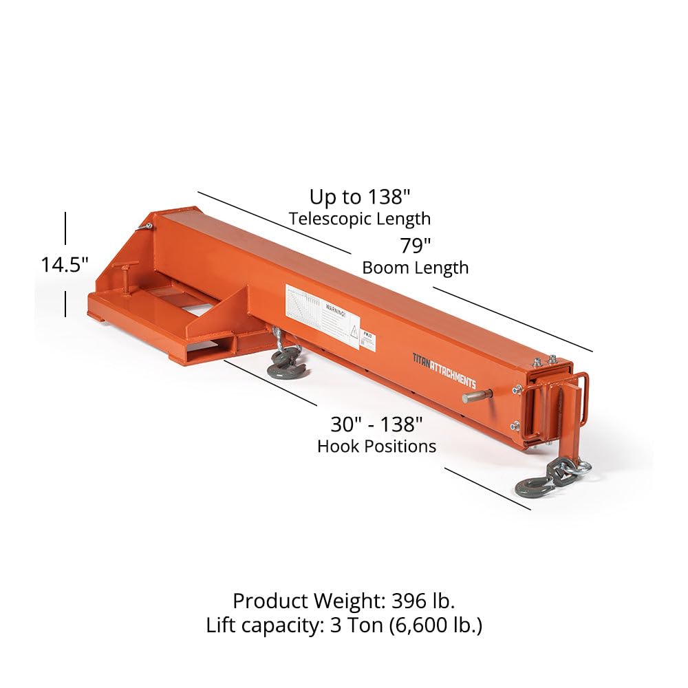 Titan Attachments Fork-Mounted Adjustable Hoist Jib Boom Crane, Manual Telescoping Boom Extends Up to 138", 6,600 LB Lift Capacity, Two Swivel Hooks, Adjustable Hook Points
