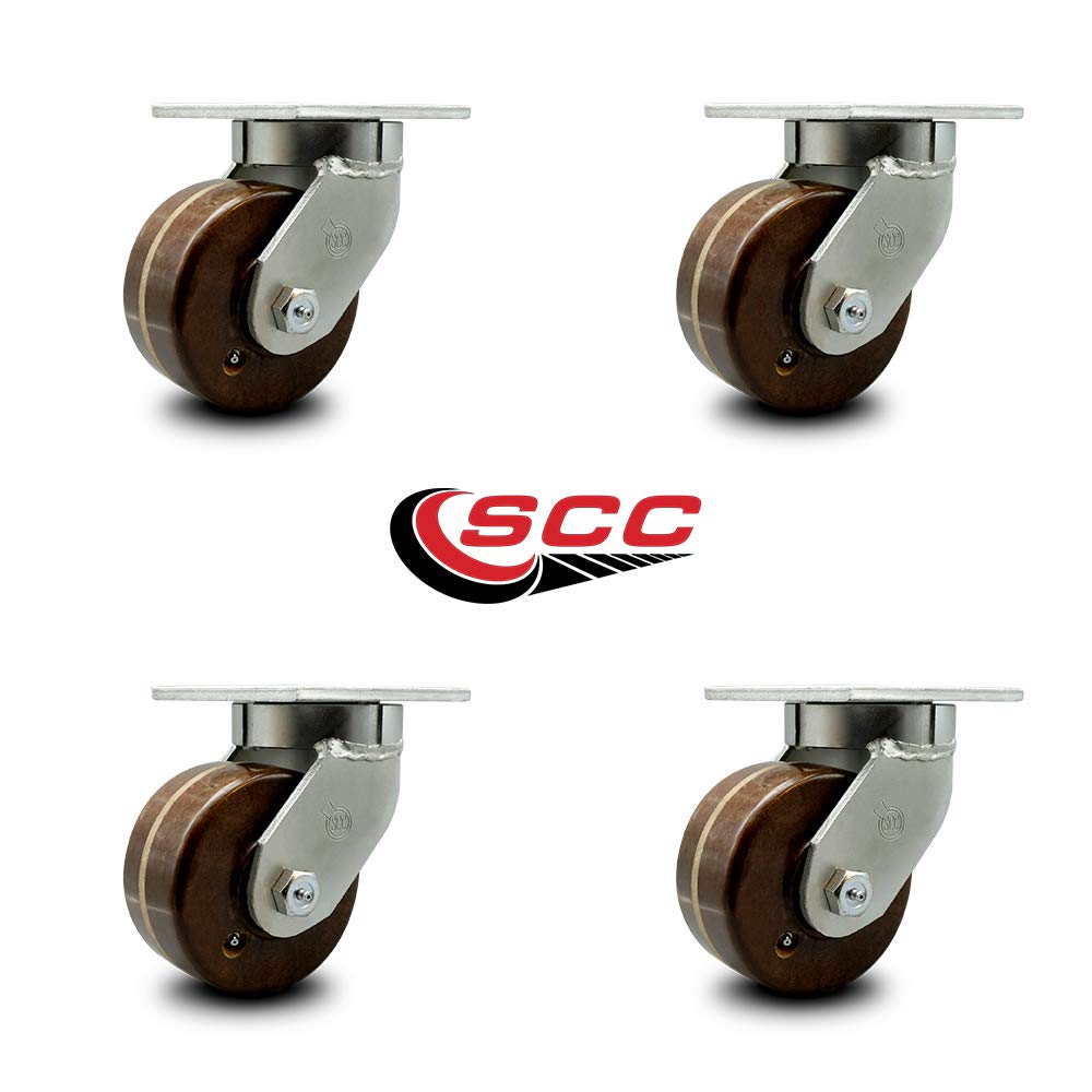 Extra Heavy Duty Kingpinless 6” x 3” High Temperature Phenolic Swivel Caster Set for Cranes, Gantries, Hoists, and Winches - 4 Swivel Casters - 2,000 lbs Per Caster – Set of 4 - Service Caster Brand