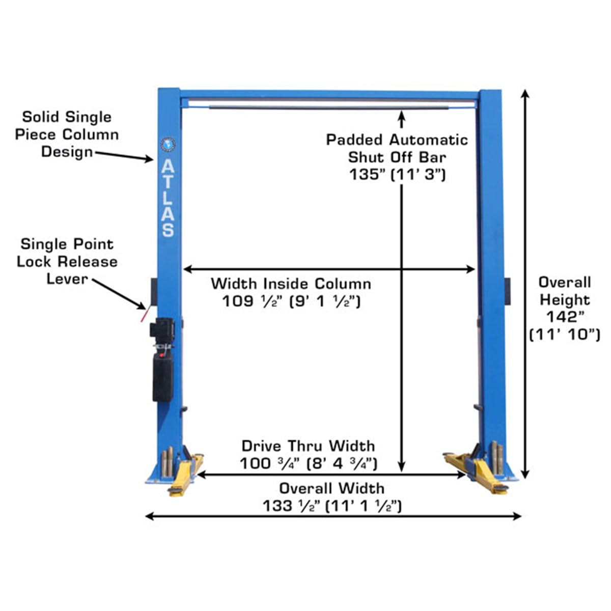 Atlas Automotive Equipment 9OHSC-SS 2-Post Vehicle Overhead Lift, 11’9” Minimum Ceiling Height, 9,000lb Capacity, Clear Floor, 11'10" Height, 3-Stage Front and 2-Stage Rear Arms, for DIY/Hobbyists