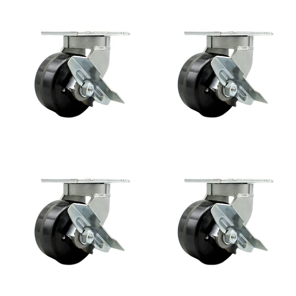 Extra Heavy Duty Kingpinless 6” x 3” Swivel Caster Set for Cranes, Gantries, Hoists, and Winches - 2 with Brake and Swivel Lock/2 with Brake - 2,000 lbs Per Caster - Set of 4 - Service Caster Brand