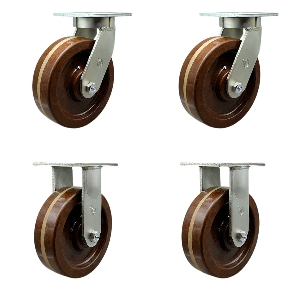 Extra Heavy Duty Kingpinless 12” x 3” High Temp Phenolic Swivel Caster Set for Cranes, Gantries, Hoists, and Winches-2 Swivel and 2 Rigid Casters-3,500 lbs Per Caster – Set of 4 - Service Caster Brand