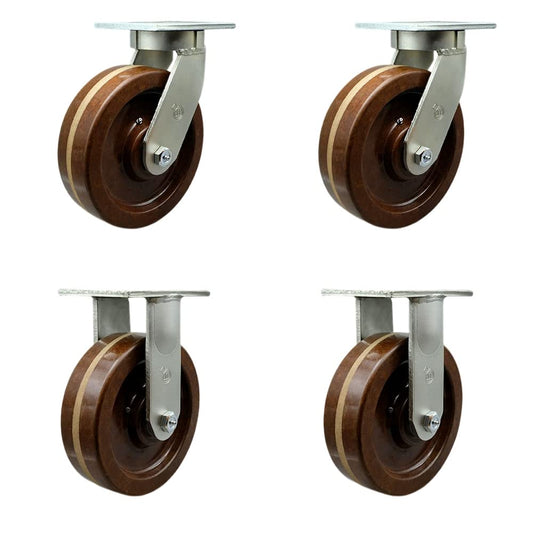 Extra Heavy Duty Kingpinless 12” x 3” High Temp Phenolic Swivel Caster Set for Cranes, Gantries, Hoists, and Winches-2 Swivel and 2 Rigid Casters-3,500 lbs Per Caster – Set of 4 - Service Caster Brand