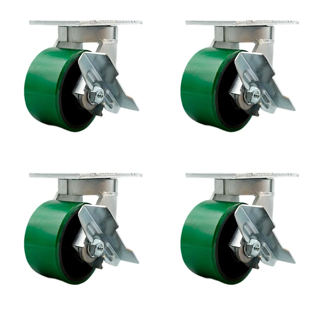 Extra Heavy Duty 6” x 3” Green Poly on Cast Iron Swivel Caster Set for Cranes, Gantries, Hoists,and Winches-2 with Brake and Swivel Lock/2 with Brake-2,000lbs Per Caster-Set of 4-Service Caster Brand