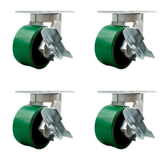 Extra Heavy Duty 6” x 3” Green Poly on Cast Iron Swivel Caster Set for Cranes, Gantries, Hoists,and Winches-2 with Brake and Swivel Lock/2 with Brake-2,000lbs Per Caster-Set of 4-Service Caster Brand