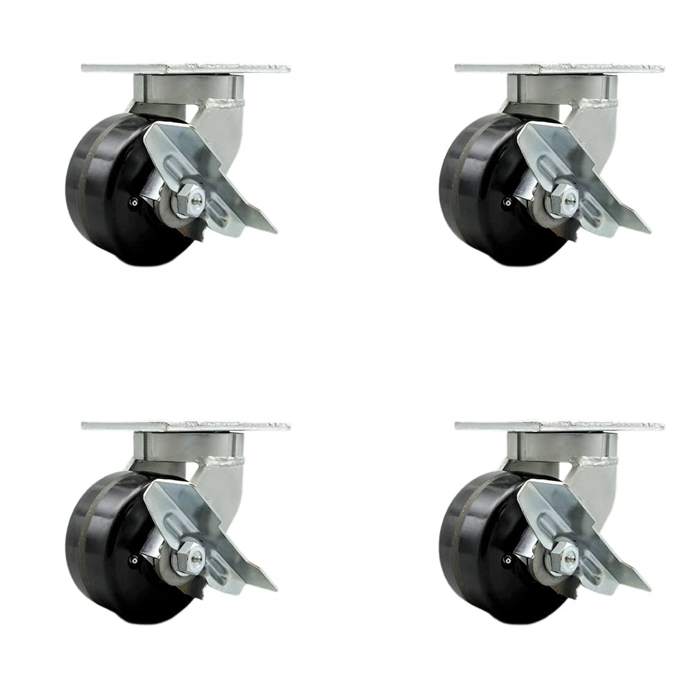 Extra Heavy Duty 6” x 3” Phenolic Swivel Caster Set for Cranes, Gantries, Hoists, and Winches - 4 Swivel Casters with Side Lock Brakes - 2,000 lbs Per Caster – Set of 4 - Service Caster Brand