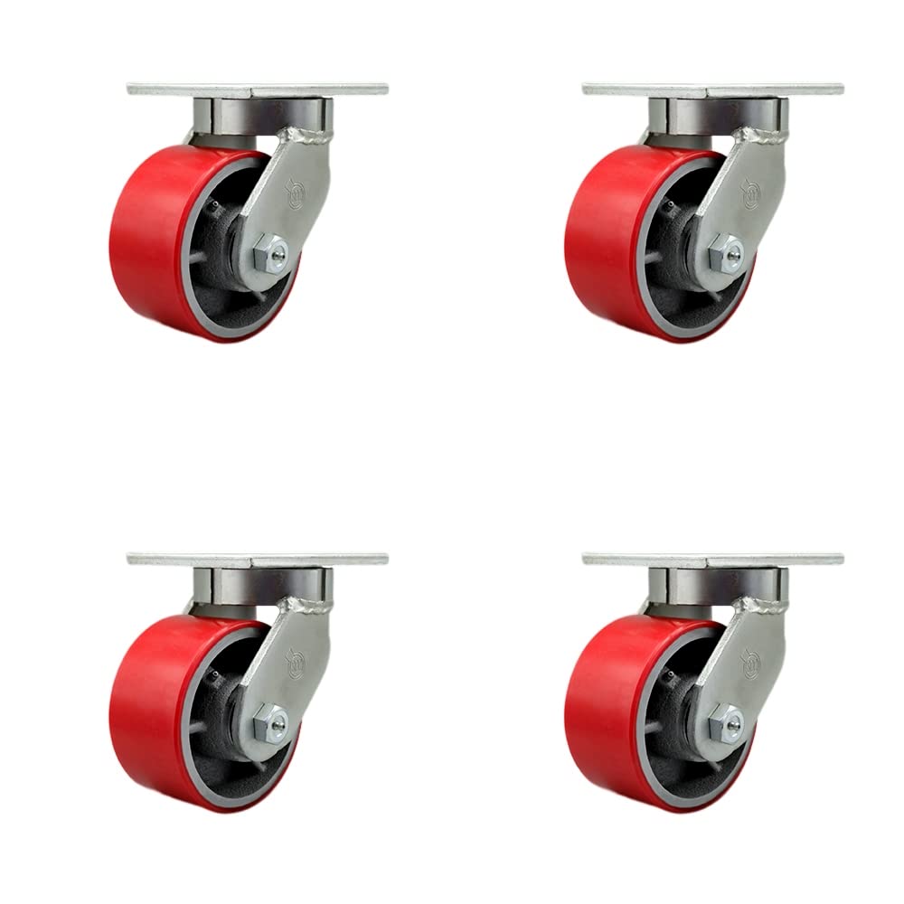 Extra Heavy Duty 6” x 3” Red Polyurethane on Cast Iron Swivel Caster Set for Cranes, Gantries, Hoists, and Winches - 4 Swivel Casters – 2,000 lbs Per Caster – Set of 4 - Service Caster Brand