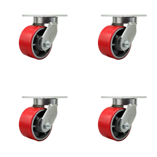 Extra Heavy Duty 6” x 3” Red Polyurethane on Cast Iron Swivel Caster Set for Cranes, Gantries, Hoists, and Winches - 4 Swivel Casters – 2,000 lbs Per Caster – Set of 4 - Service Caster Brand