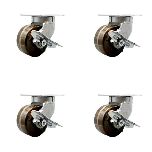 Extra Heavy Duty 6” x 3” High Temp Phenolic Swivel Caster Set for Cranes, Gantries, Hoists, and Winches - 4 Swivel Casters with Side Lock Brakes-2,000 lbs Per Caster – Set of 4 - Service Caster Brand