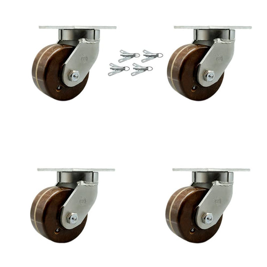 Extra Heavy Duty 6” x 3” High Temperature Phenolic Swivel Caster Set for Cranes, Gantries, Hoists, and Winches - 4 Swivel Casters with Bolt-On Locks-2,000 lbs Per Caster–Set of 4-Service Caster Brand
