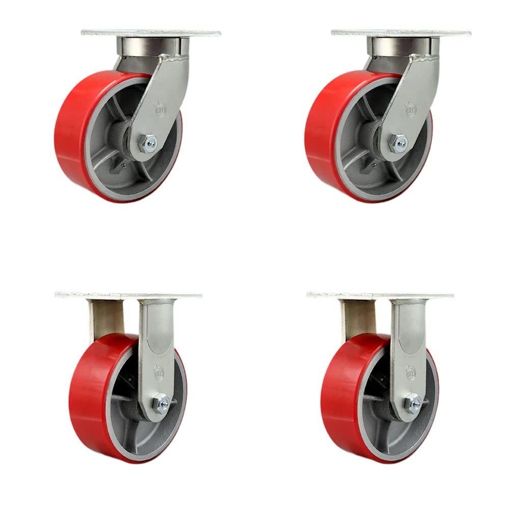 Extra Heavy Duty Kingpinless 8”x3” Red Poly on Cast Iron Swivel Caster Set for Cranes, Gantries, Hoists, and Winches-2 Swivel and 2 Rigid Casters-2,500lbs Per Caster-Set of 4-Service Caster Brand