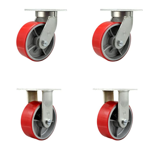 Extra Heavy Duty Kingpinless 8”x3” Red Poly on Cast Iron Swivel Caster Set for Cranes, Gantries, Hoists, and Winches-2 Swivel and 2 Rigid Casters-2,500lbs Per Caster-Set of 4-Service Caster Brand