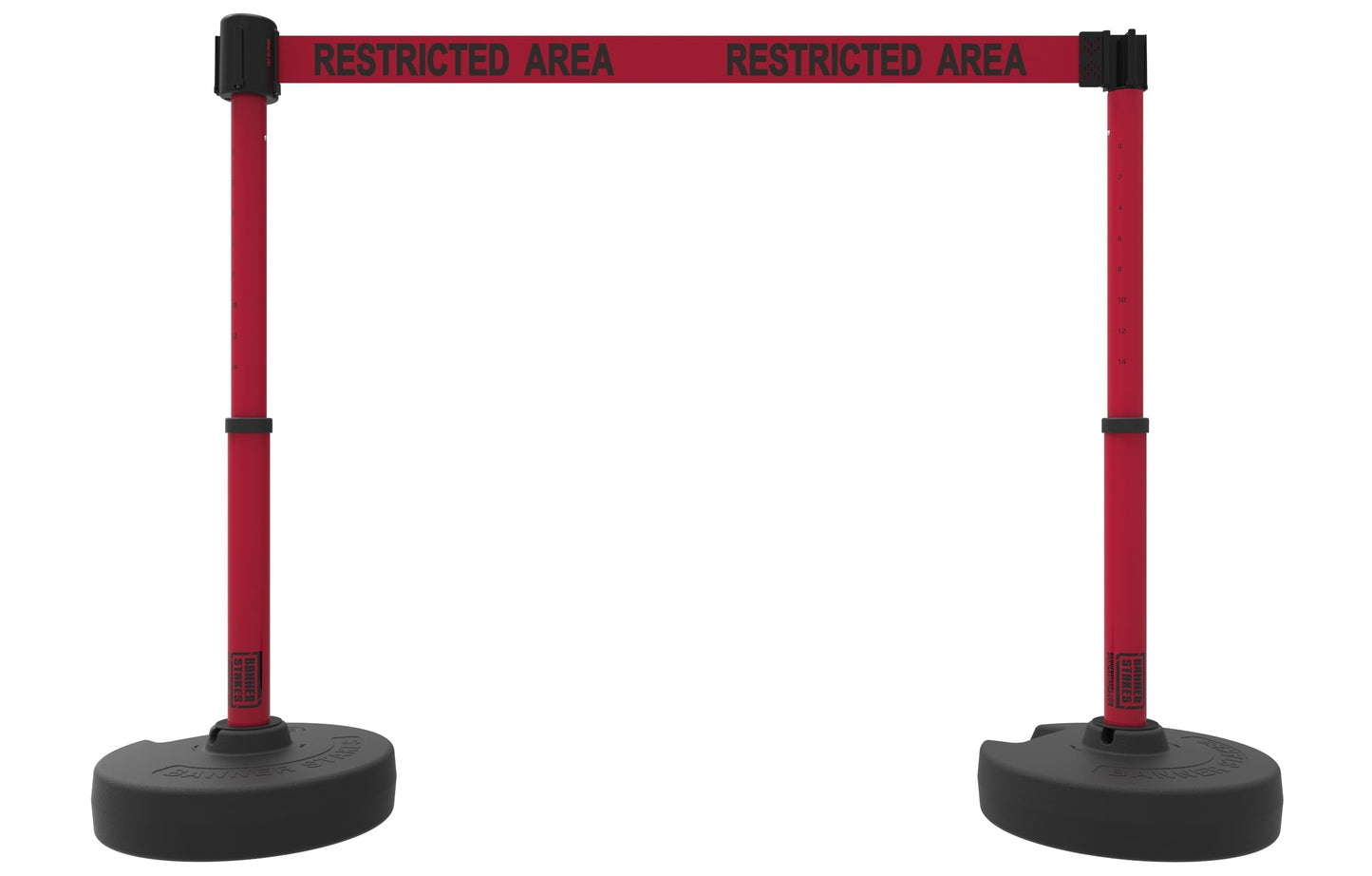 Banner Stakes Crowd Control Plus Cart Package & Accessory Tray, 75' Total Retractable Belt Barrier System - 5 Telescoping Stanchions w/ 15' Red "Restricted Area" Banners (PL4010T)