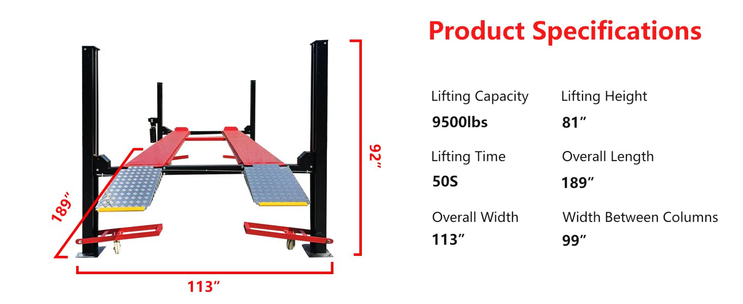 KT-4H950 3.0 HP Heavy Duty with Oil Tray, Jack Tray 84.5'' lifting Height 4 Post Car Lift Auto Parking Lift Aluminous Ramp with Casters