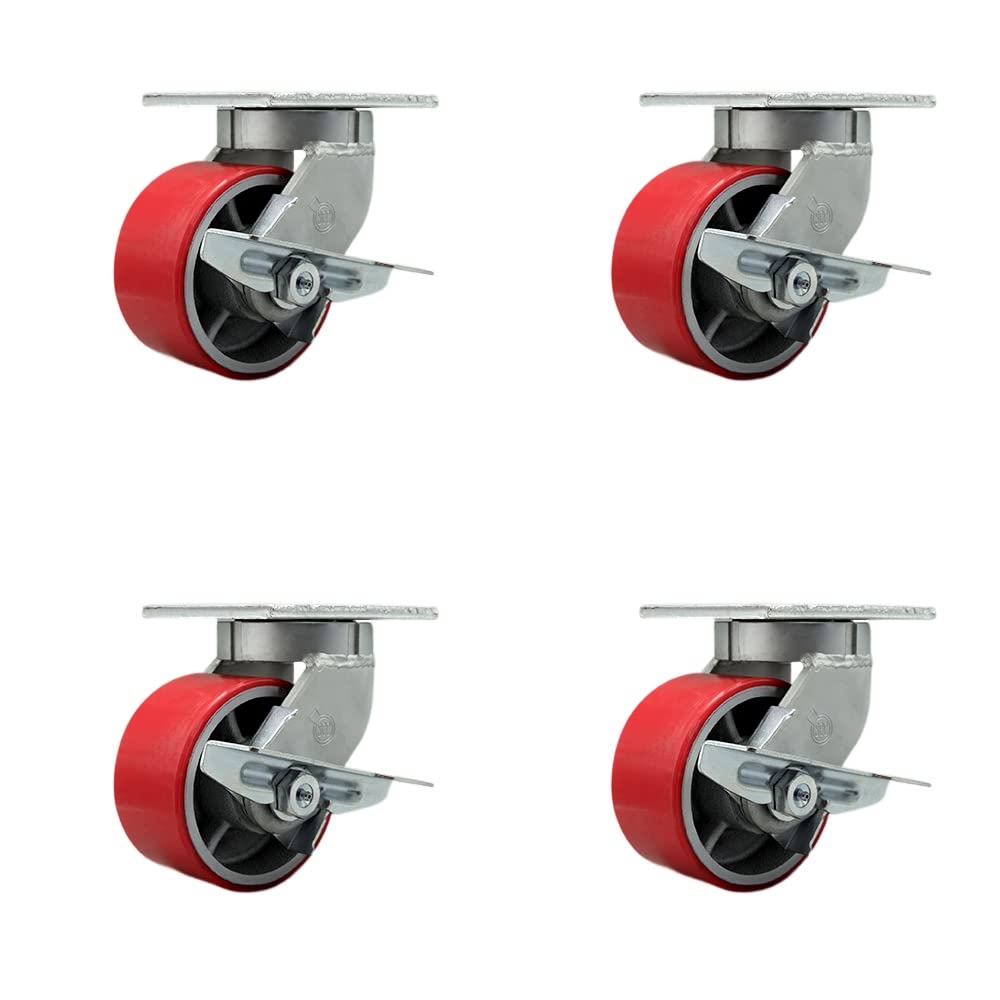 Extra Heavy Duty 6” x 3” Red Poly on Cast Iron Swivel Caster Set for Cranes, Gantries, Hoists, and Winches-4 Swivel Casters with Side Lock Brakes-2,000 lbs Per Caster-Set of 4- Service Caster Brand