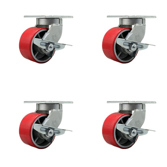 Extra Heavy Duty 6” x 3” Red Poly on Cast Iron Swivel Caster Set for Cranes, Gantries, Hoists, and Winches-4 Swivel Casters with Side Lock Brakes-2,000 lbs Per Caster-Set of 4- Service Caster Brand