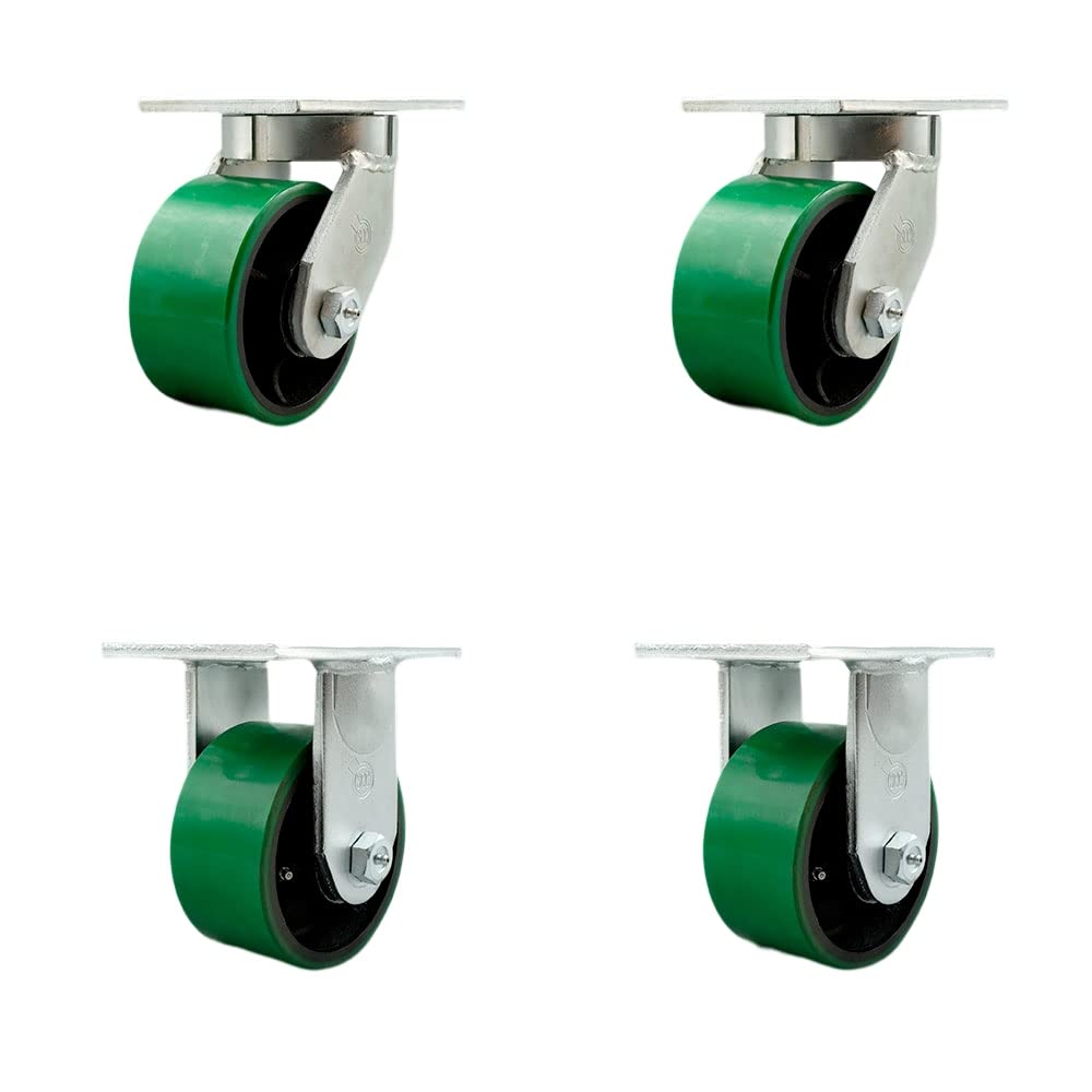 Extra Heavy Duty Kingpinless 6”x3” Green Poly on Cast Iron Swivel Caster Set for Cranes, Gantries, Hoists, and Winches-2 Swivel and 2 Rigid Casters-2,000lbs Per Caster-Set of 4-Service Caster Brand