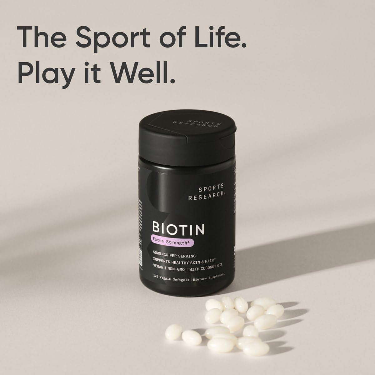 Sports Research® Biotin 5,000mcg with Organic Coconut Oil - Biotin (Vitamin B7) for Healthy Skin and Hair Support* - for Women and Men - Vegan, Non-GMO, Gluten & Soy-Free - 120 Veggie Softgels