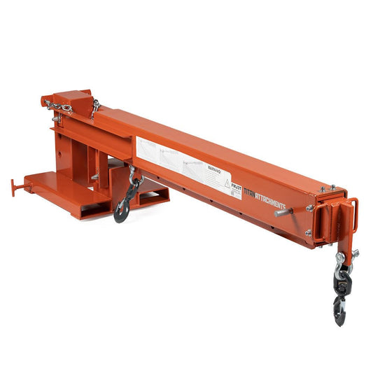 Titan Attachments Fork Mounted Jib Boom Crane Attachment, Manual Telescoping Boom Extends Up to 138”, Pivots Up to 45 Degrees, 6,000 LB Lift Capacity, Two Swivel Hooks, Adjustable Hook Points
