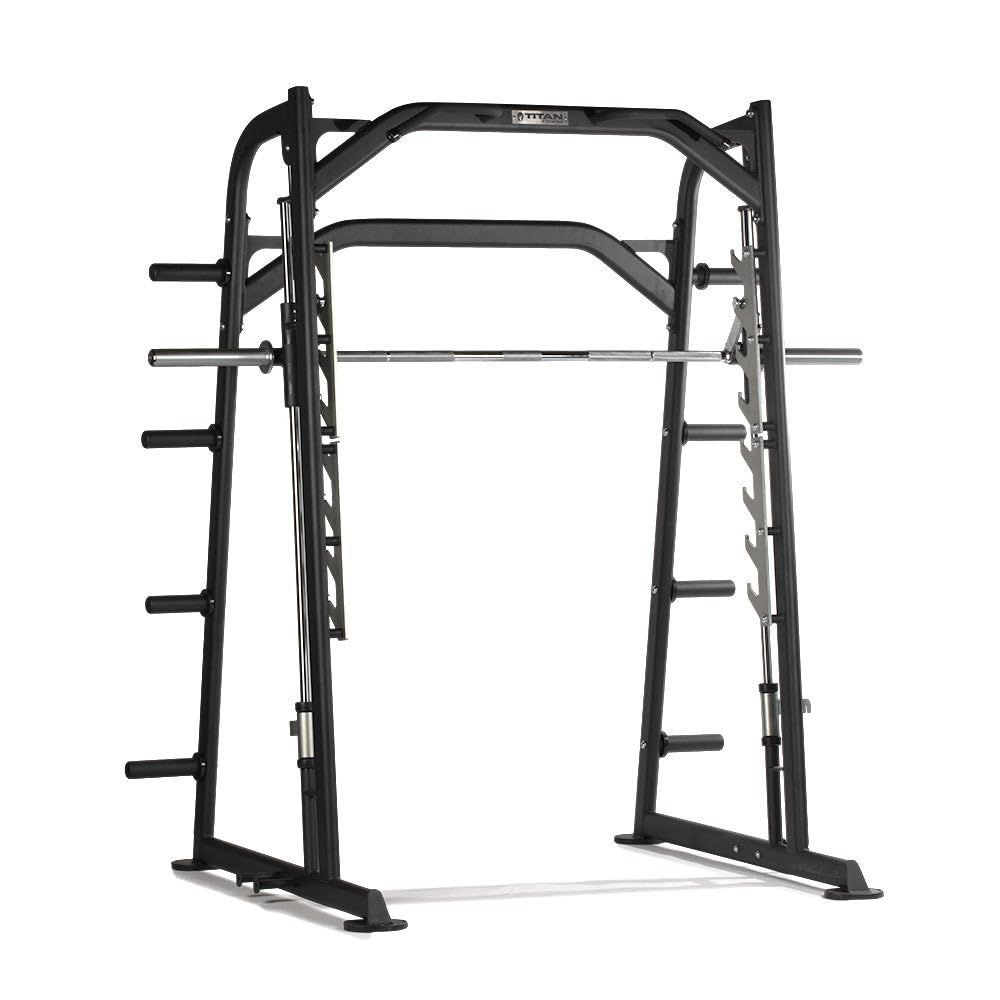 Titan Fitness Smith Machine, Counterbalanced Power Rack with Adjustable Safety Stops, Olympic Fixed Barbell Design, Multi-Grip Pull Up Bar, Resistance Band Pegs, Home Gym Workout Equipment