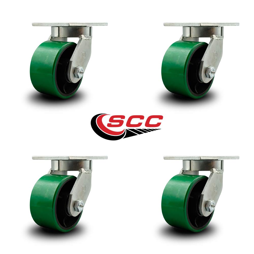 Extra Heavy Duty 6” x 3” Green Polyurethane on Cast Iron Swivel Caster Set for Cranes, Gantries, Hoists, and Winches - 4 Swivel Casters – 2,000 lbs Per Caster – Set of 4 - Service Caster Brand