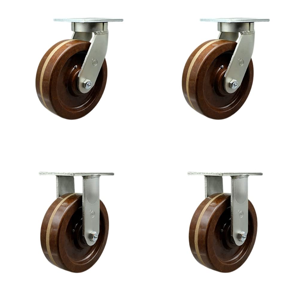 Extra Heavy Duty Kingpinless 8” x 3” High Temp Phenolic Swivel Caster Set for Cranes, Gantries, Hoists, and Winches-2 Swivel and 2 Rigid Casters-2,500 lbs Per Caster – Set of 4 - Service Caster Brand
