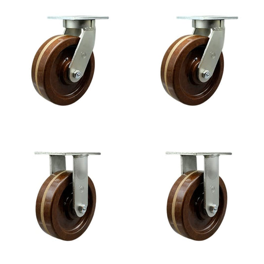 Extra Heavy Duty Kingpinless 8” x 3” High Temp Phenolic Swivel Caster Set for Cranes, Gantries, Hoists, and Winches-2 Swivel and 2 Rigid Casters-2,500 lbs Per Caster – Set of 4 - Service Caster Brand