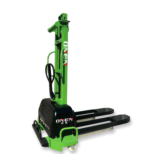 ONEN Semi Electric Pallet Stacker, 1102.3 lbs Capacity, 62.99 inch Lift Height, Self Elevating Forklift with Fixed Cross Legs, Green and Black Material Handling Truck