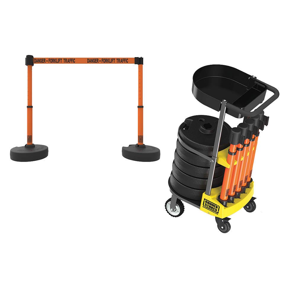 Banner Stakes Crowd Control Plus Cart Package & Accessory Tray, 75' Total Retractable Belt Barrier System - 5 Telescoping Stanchions w/ 15' Orange "Danger - Forklift Traffic" Banners (PL4017T)