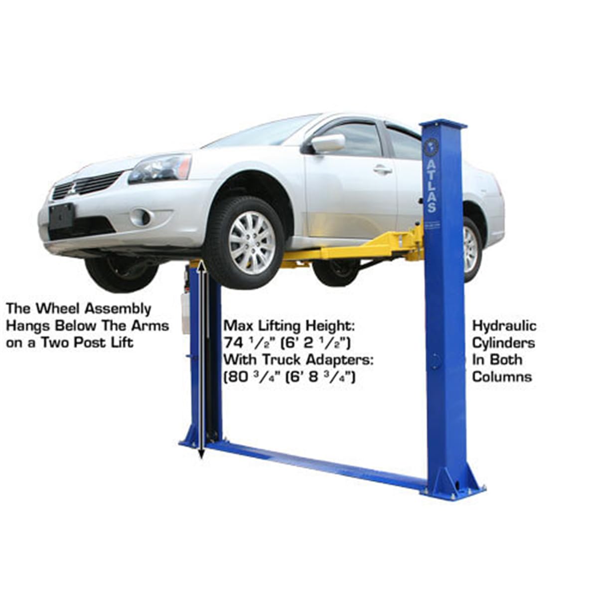 ATLAS Automotive Equipment 9KBPX 2-Post Lift/Hoist, Baseplate Style, 9'6" Minimum Ceiling Height, 9,000lb Capacity, Symmetric Arms, Dual Hydraulic Chain Drive Cylinders, for Low Ceiling Home Use