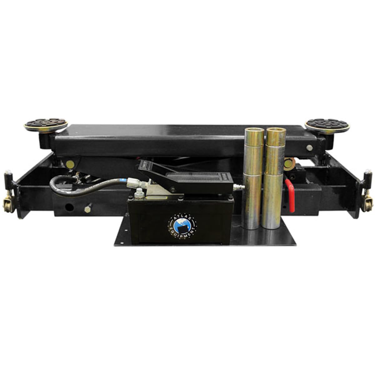 ATLAS Automotive Equipment RJ8000BK Rolling Bridge Jack, 8,000lb. Capacity, Air Hydraulic Operated, 70-115 PSI, Compact Size, Low Profile, Multiple Safety Lock Positions, 4 Piece Truck Adapters