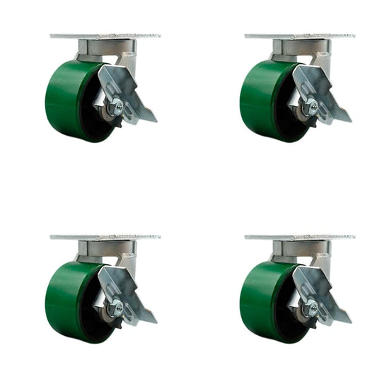 Extra Heavy Duty 6” x 3” Green Poly on Cast Iron Swivel Caster Set for Cranes, Gantries, Hoists, and Winches-4 Swivel Casters with Side Lock Brakes-2,000 lbs Per Caster-Set of 4- Service Caster Brand