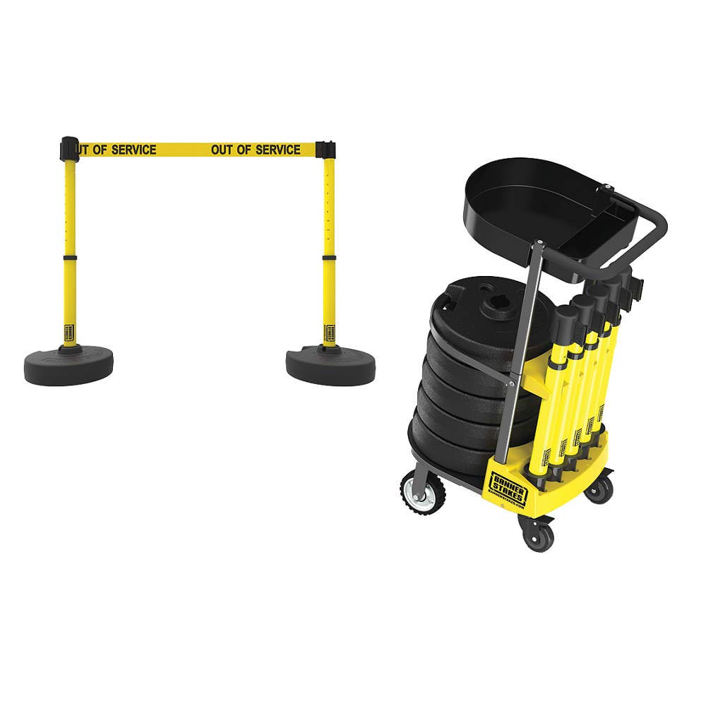 Banner Stakes Crowd Control Plus Cart Package & Accessory Tray, 75' Total Retractable Belt Barrier System - 5 Telescoping Stanchions w/ 15' Yellow "Out of Service" Banners (PL4006T)