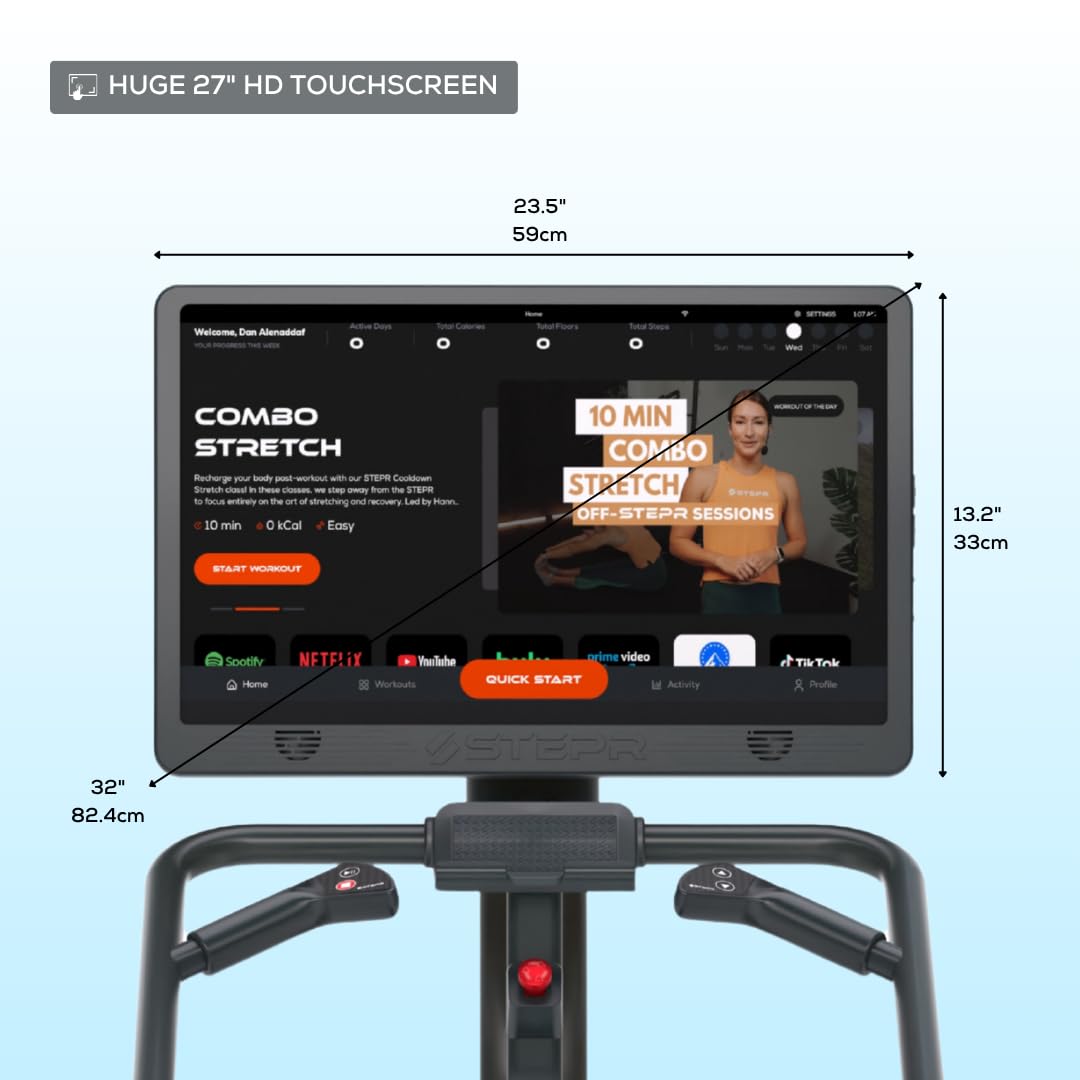 STEPR XL+, Commercial Stair Climber with 27" Touchscreen, 9" Step Height, Strength & Resistance Anchor Points, 190 Steps/Min, 450 lb Capacity