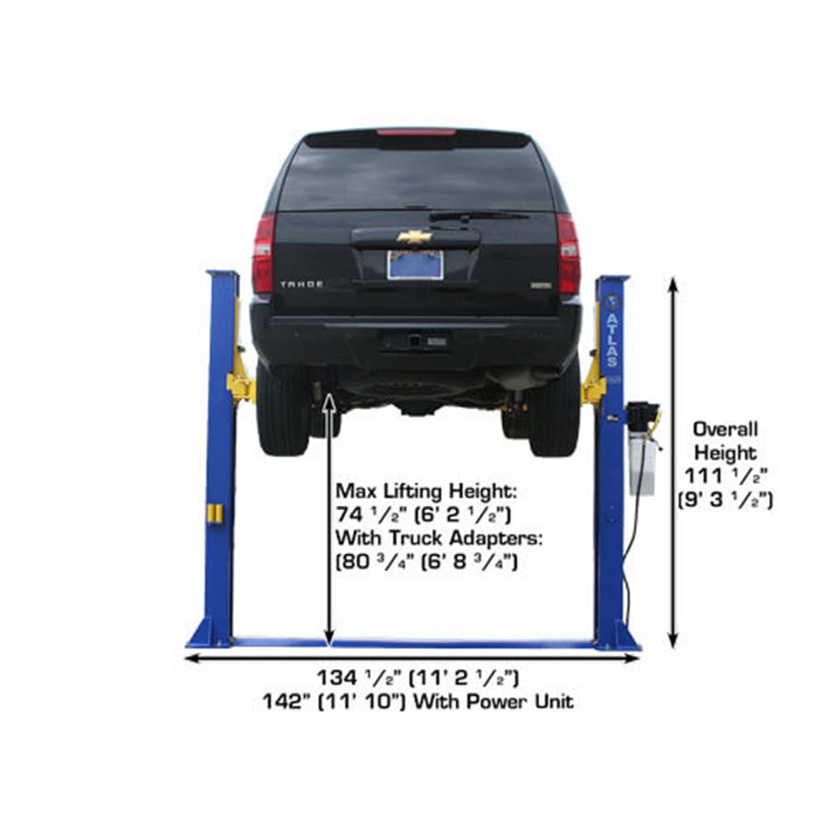 ATLAS Automotive Equipment 9KBPX 2-Post Lift/Hoist, Baseplate Style, 9'6" Minimum Ceiling Height, 9,000lb Capacity, Symmetric Arms, Dual Hydraulic Chain Drive Cylinders, for Low Ceiling Home Use
