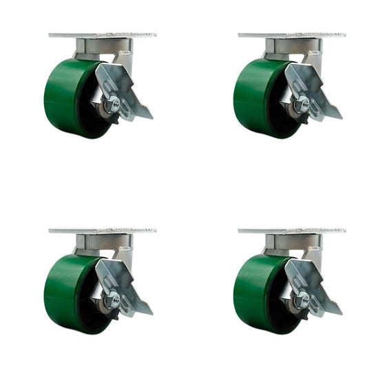 Extra Heavy Duty 6” x 3” Green Poly on Cast Iron Swivel Caster Set for Cranes, Gantries, Hoists, and Winches-4 Swivel with Brakes and Bolt-On Locks-2,000 lbs Per Caster-Set of 4- Service Caster Brand