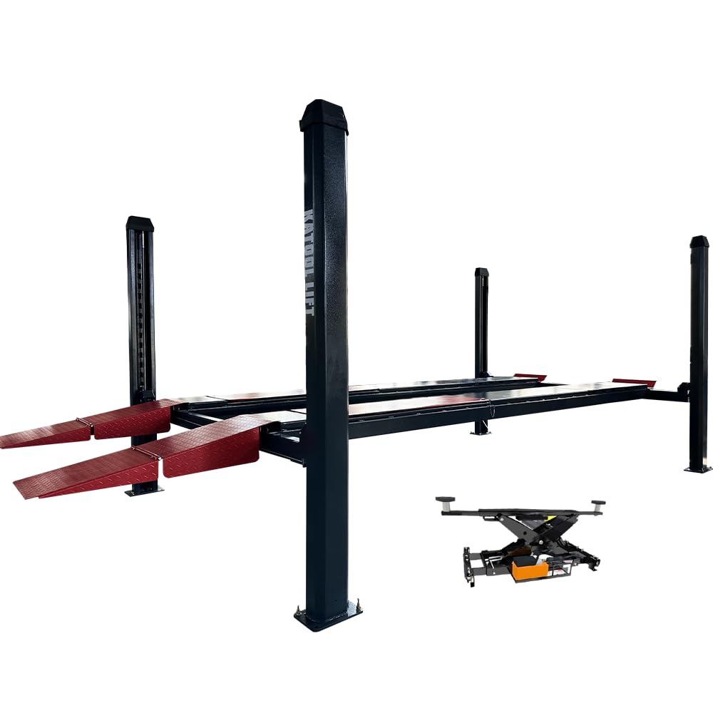 KT-4H120X 12,000 lbs 220V 4-Post Lift Car Truck Repair Alignment Four Post Lift with 7000 lbs Rolling Jack, 79" Drive-Thru Height, CE Certified