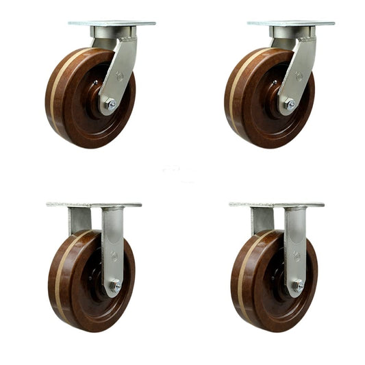 Extra Heavy Duty Kingpinless 10” x 3” High Temp Phenolic Swivel Caster Set for Cranes, Gantries, Hoists, and Winches-2 Swivel and 2 Rigid Casters-2,900 lbs Per Caster – Set of 4 - Service Caster Brand