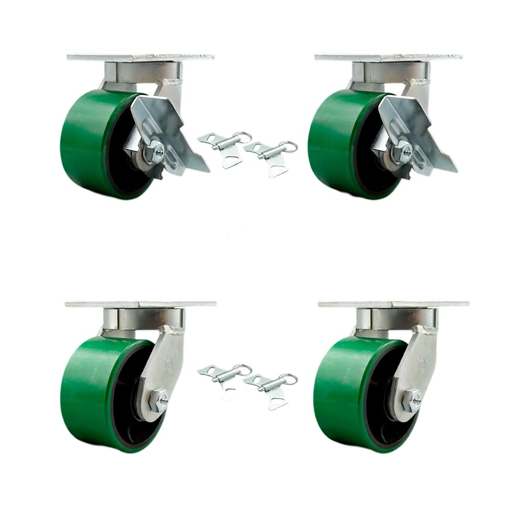 Extra Heavy Duty 6” x 3” Swivel Caster Set for Cranes, Gantries, Hoists, and Winches - 2 with Brake and Swivel Lock/2 with Swivel Lock - 2,000 lbs Per Caster - Set of 4 - Service Caster Brand