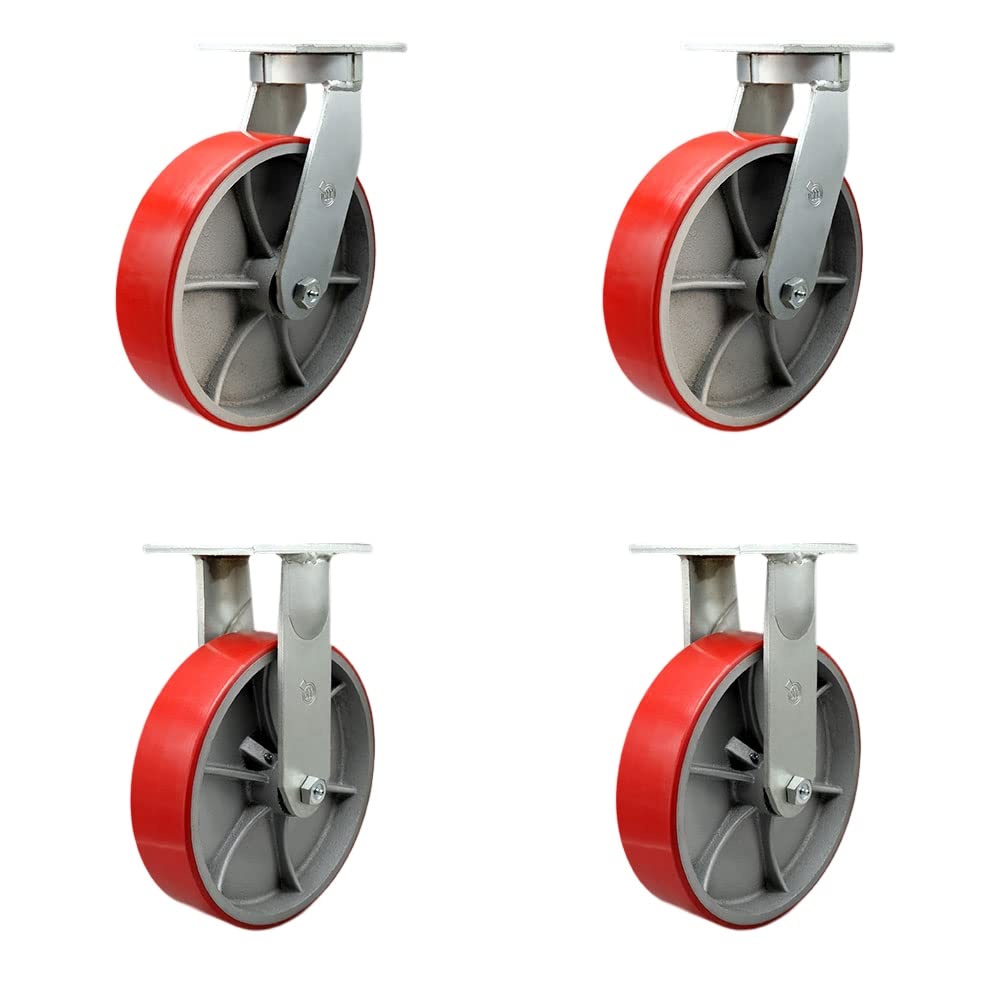 Extra Heavy Duty Kingpinless 12”x3” Red Poly on Cast Iron Swivel Caster Set for Cranes, Gantries, Hoists, and Winches-2 Swivel and 2 Rigid Casters-3,500lbs Per Caster-Set of 4-Service Caster Brand