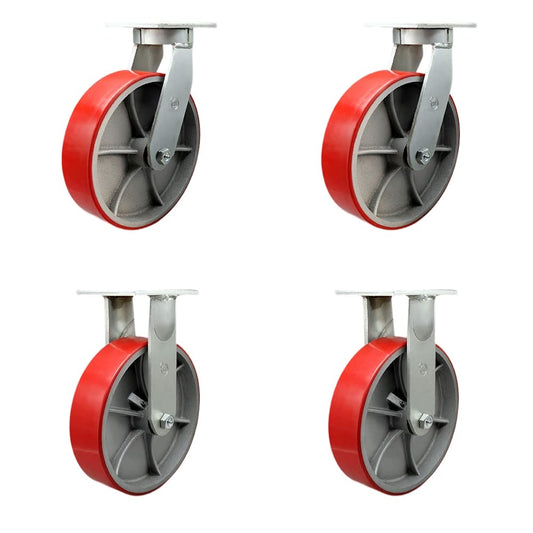 Extra Heavy Duty Kingpinless 12”x3” Red Poly on Cast Iron Swivel Caster Set for Cranes, Gantries, Hoists, and Winches-2 Swivel and 2 Rigid Casters-3,500lbs Per Caster-Set of 4-Service Caster Brand