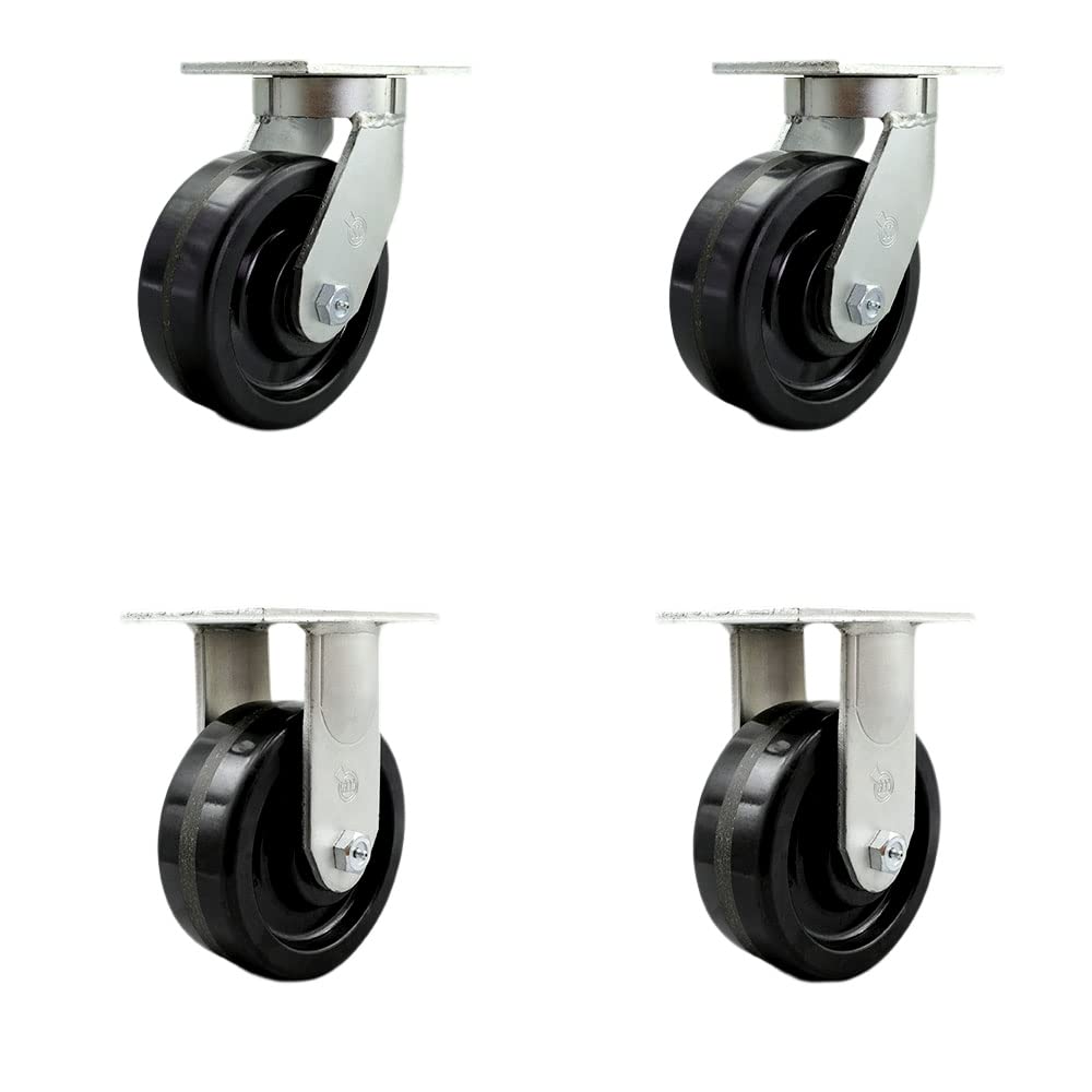 Extra Heavy Duty Kingpinless 8” x 3” Phenolic Swivel Caster Set for Cranes, Gantries, Hoists, and Winches - 2 Swivel and 2 Rigid Casters - 2,500 lbs Per Caster – Set of 4 - Service Caster Brand